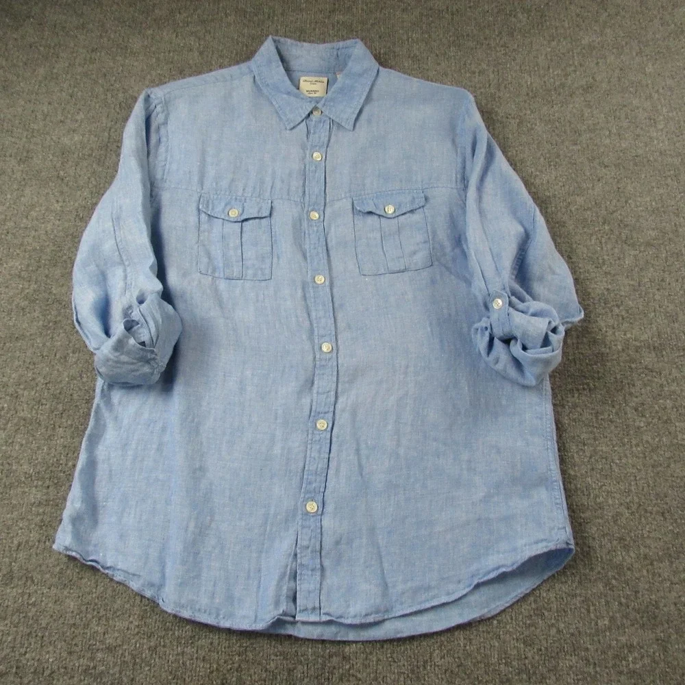 Murano Baird McNutt Linen Shirt Mens Large Blue Slim Fit Long Roll Tab Sleeve - Picture 3 of 11